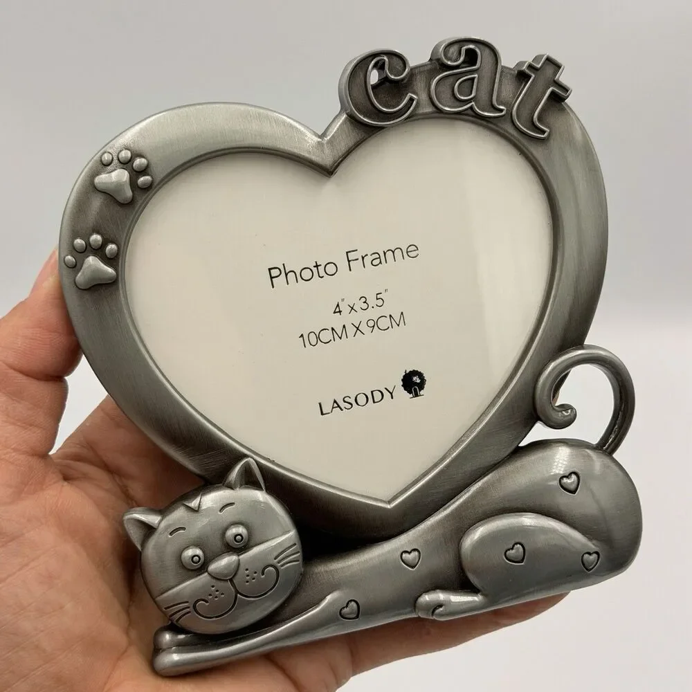 LASODY Cat Picture Frame Heart 4x3.5 Silver Tone Paw Prints Kitty Pet Decor